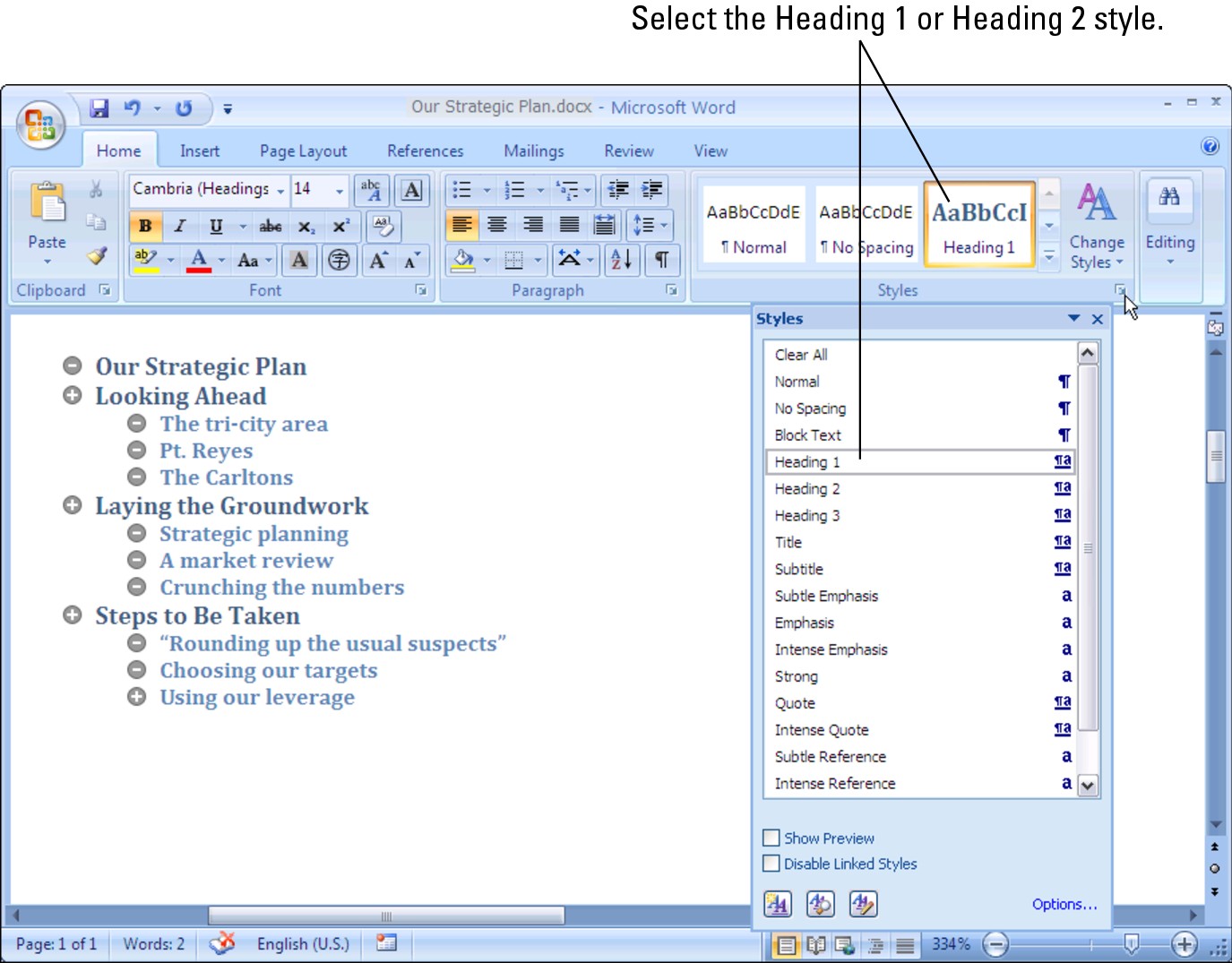 Figure 1-7: Assigning a style to text in Microsoft Word.